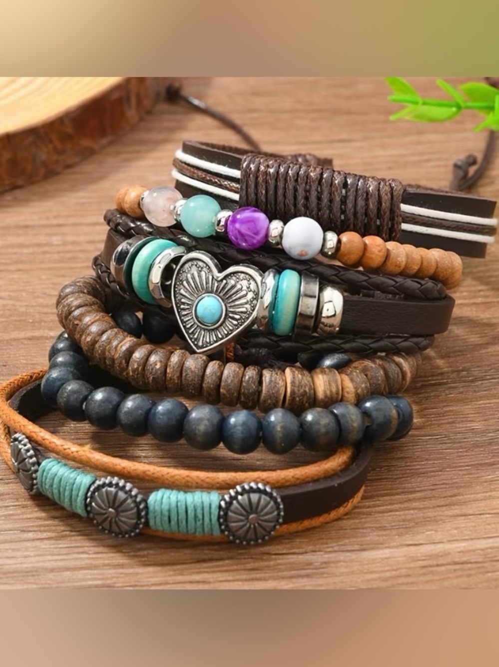 6pcs Bohemian Heart  Beaded Bracelet Set in Turquoise, Brown & Black